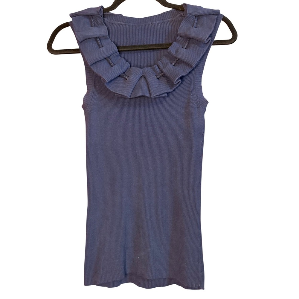 Navy Blue Ribbed Knit Ruffle Collar Sleeveless Tank Top with Back Tie Accent